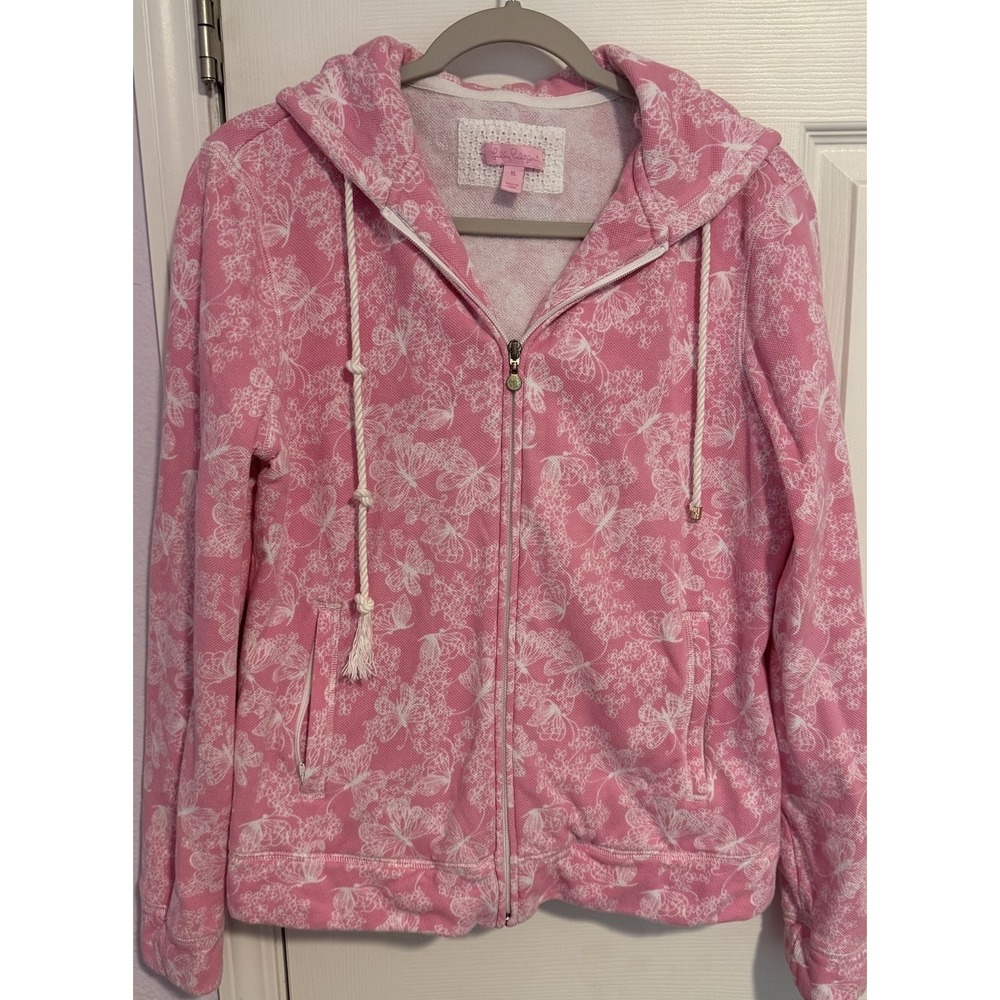 Lilly Pulitzer Jacket Terry Knit Full Zip Hood Sunshell Pink Butterfly Beach XL